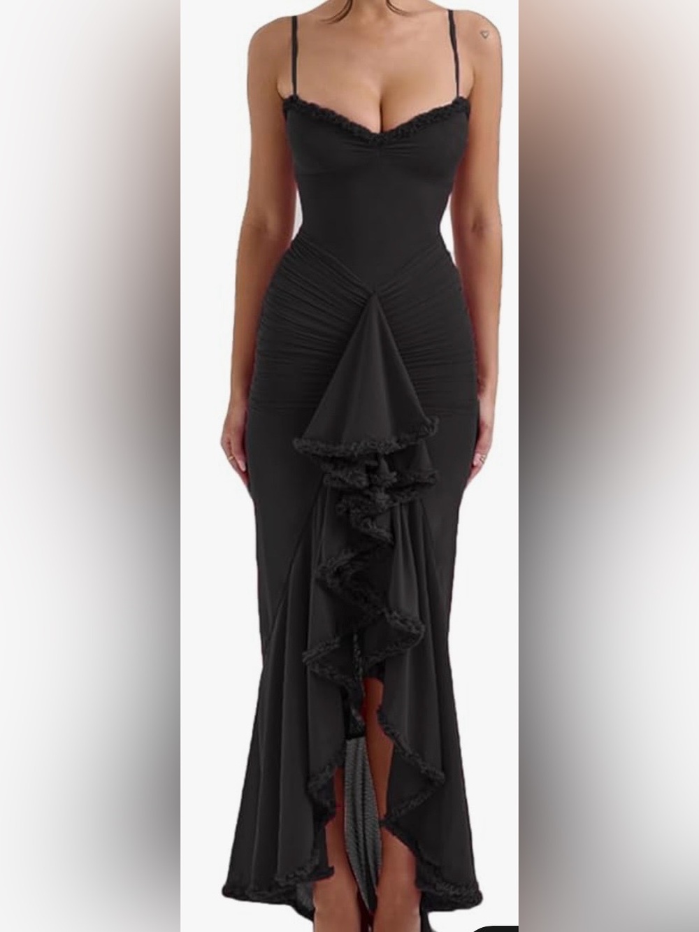 Amazon Black  fishtail High-Low Ruffle Spaghetti Strap Evening Dress